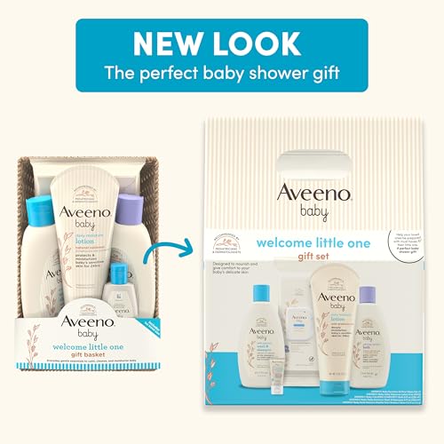 Aveeno Baby Welcome Little One Gift Set, Baby Skincare Set with Nourishing Baby Body Wash & Shampoo, Calming Bath Wash, All Over Baby Wipes, Daily Moisturizing Lotion, & Baby Balm, 5 Items