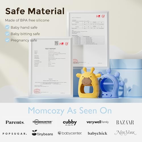 Momcozy Baby Teether Toys | Food Grade Silicone Teething Relief 0-6 Months | Teething Toy 6-12 Months | Baby Essential | Yellow and Blue