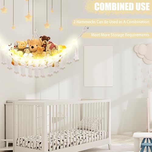 Stuffed Animal Hammock with LED Light, Jumbo Toy Hammock for Stuffed Animals Storage for Kids Room Decor, Stuffed Animal Hammock Corner, White