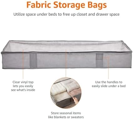 Amazon Basics Under Bed Fabric Zipper Blanket Storage Container Bags with Window and Handles, 2-Pack, 18 x 42 x 6 inches, Gray