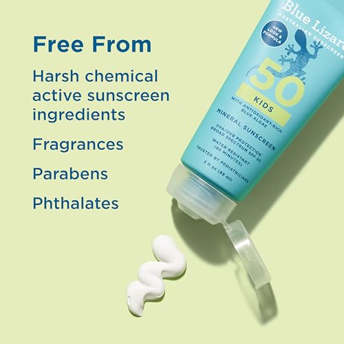 Blue Lizard Kids Mineral SPF 50 Sunscreen Lotion, 100% Mineral, Children’s Sunscreen, Water-Resistant Formula, Paraben-Free, Fragrance-Free, 3 fl oz
