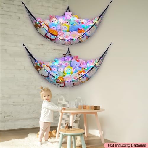Unicorn Castle Stuffed Animals Net or Hammock Kids Toy Storage Organizer with LED Light Hanging Corner Stuffed Animals Holder Kids Girls Room Decor (Pack of 1)
