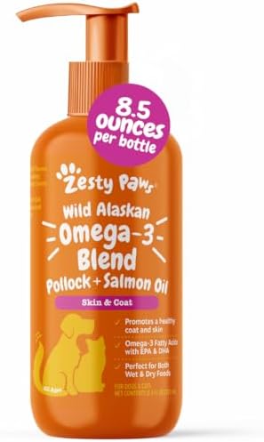 Zesty Paws Wild Alaskan Omega-3 Blend Pollock + Salmon Oil for Dogs and Cats- Skin and Coat Support, Omega 3 Supplement for Pets, 8.5oz
