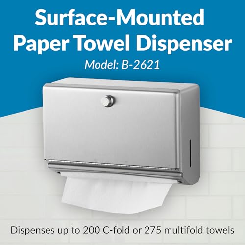 Bobrick Wall-Mounted Paper Towel Dispenser – Stainless Steel, Holds 200 C-Fold or 275 Multifold Towels, Easy Manual Access, ADA Compliant, Ideal for Commercial Bathrooms & High-Traffic Areas (Model B-2621)