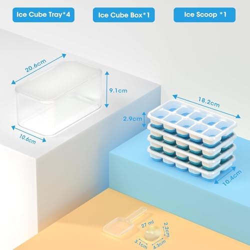 DOQAUS Ice Cube Tray with Lid and Bin, 4 Pack Silicone Plastic Ice Cubes Trays for Freezer with Box/Container, Stackable with Storage Iced Bucket Kits, Scoop, for RV, Soup, Food, Cocktail, Coffee