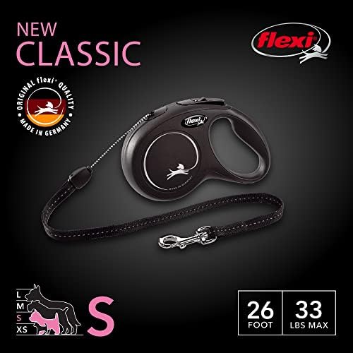 FLEXI New Classic Cord Retractable Dog Leash for Small Dogs up to 33 lbs. – 26 ft., Black | Tangle-Free Pet Walking Leash with One-Handed Brake, Pause, Lock|German Quality Product