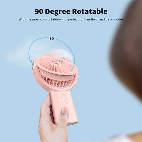 Otlonpe Handheld Misting Fan Portable, 4000mAh Rechargeable Small Personal Water Spray Hand Held Mist Fan Battery Operated, 90° Rotatable, Power Bank for Travel Home Office Men Women Kids (Pink)