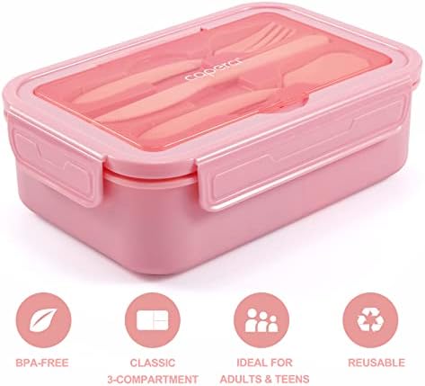 Caperci Classic Bento Box Adult Lunch Box for Older Kids - Leakpoof 47 oz 3-Compartment Lunch Containers for Adults and Teens, Built-in Utensil Set, Ideal for On-the-Go Balanced Eating, Pink