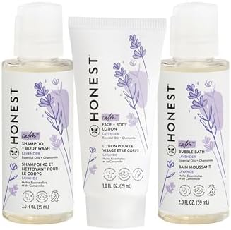 The Honest Company Babe's Mini Must Haves Gift Set | Travel Size Hypoallergenic Lavender Bathtime Essentials | Shampoo + Body Wash (2 fl oz), Face + Body Lotion (1 fl oz), Bubble Bath (2 fl oz)
