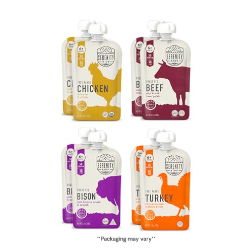 Serenity Kids 6+ Months Baby Food Pouches - Ethically Sourced Meat & Organic Veggies - High Protein Savory Baby Puree Pouches for Baby Snacks - 3.5 Oz, 8 Pack
