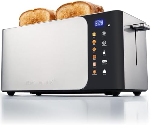 Elite Gourmet ECT5924D SmartToast Digital Long Slot 4 Slice Toaster, 1.5” Wide Slots for Thick Breads & Bagel Function, LED Touch Screen, Countdown Timer, 6 Shades, Stainless Steel