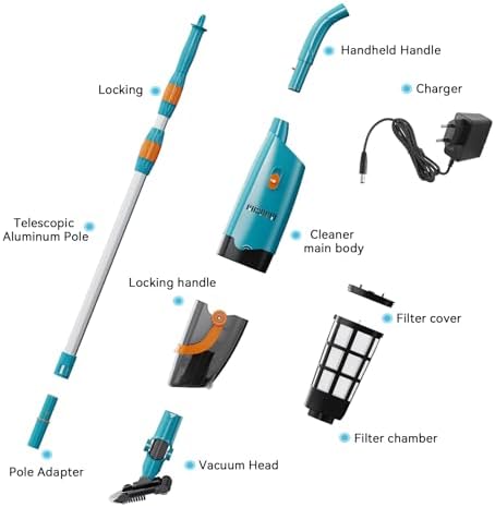 LVKE L2 Cordless Handheld Pool Vacuum for Above Ground Pool with Telescopic Pole, Strong Suction Power, 1H Runtime, High-Efficiency Screen & Fine Sponge, Ideal for Deep Pool Cleaning, Blue