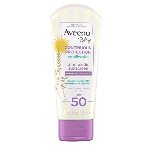 Aveeno Baby Continuous Protection Zinc Oxide Mineral Sunscreen Lotion for Sensitive Skin, Broad Spectrum SPF 50, Tear-Free, Sweat- & Water-Resistant, Paraben-Free, Travel-Size, 3 fl. oz