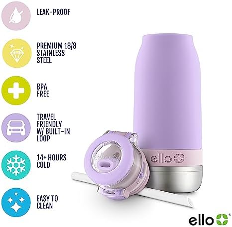 Ello Emma 14oz Vacuum Insulated Stainless Steel Kids Water Bottle with Straw and Built-in Carrying Handle and Leak-Proof Locking Lid for School Backpack, Lunchbox and Outdoor Sports