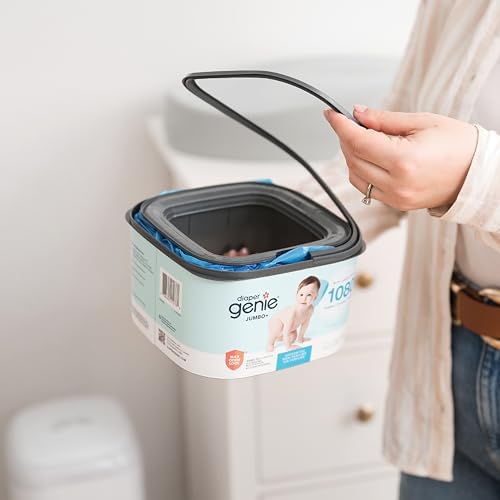 The Diaper Genie Jumbo+ Square Refill, with continuous film, can hold up to 1080 newborn-sized diapers per refill.
