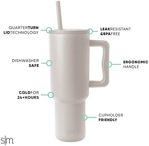 Simple Modern 40 oz Trek Tumbler with Handle and Straw Lid | Cup Holder Friendly Insulated Stainless Steel Travel Mug | Almond Birch