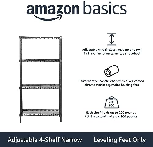 Amazon Basics 4-Shelf Steel Wire Storage Rack, Adjustable, Sturdy, Easy Assembly, 13.4 D x 23.2 W x 48 H in, Black
