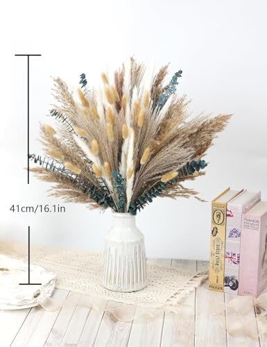 120 PCS Dried Pampas Grass Decoration, Pampas Grass with Preserved Eucalyptus Leaves Dried Flowers, Reed Grass Bouquet for Bohemian Flowers Home Table Wedding Decoration, Rustic Farmhour.(light brown)