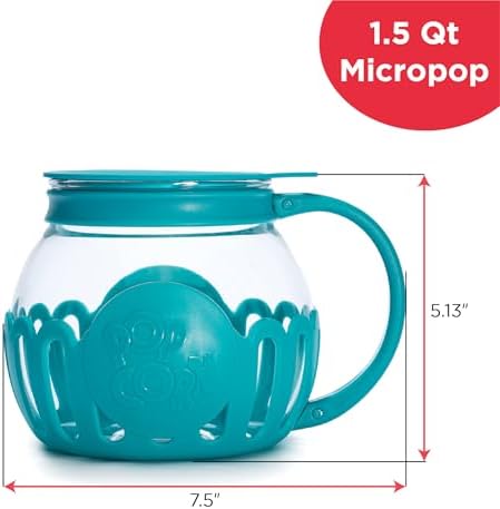 Ecolution Patented Micro-Pop Microwave Popcorn Popper with Temperature Safe Glass, 3-in-1 Lid Measures Kernels and Melts Butter, Made Without BPA, Dishwasher Safe, 1.5-Quart, Teal