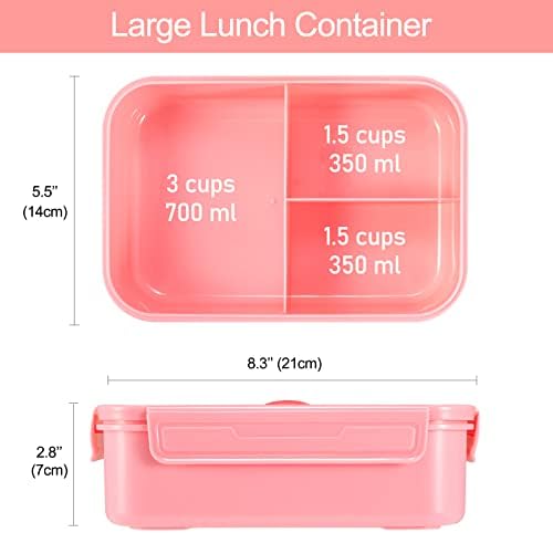 Caperci Classic Bento Box Adult Lunch Box for Older Kids - Leakpoof 47 oz 3-Compartment Lunch Containers for Adults and Teens, Built-in Utensil Set, Ideal for On-the-Go Balanced Eating, Pink