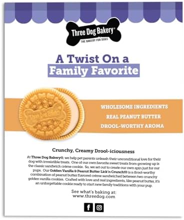 Three Dog Bakery Lick'n Crunch Sandwich Cookies Premium Dog Treats with No Artificial Flavors, Golden & Peanut Butter Flavor, 13 Ounces (Pack of 6)