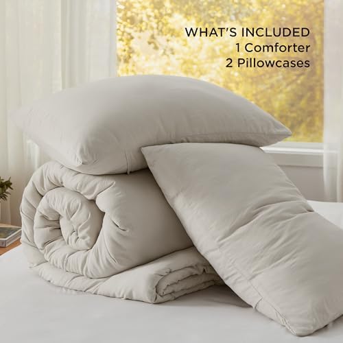 Bedsure Queen Size Comforter Set, Beige Soft Prewashed Bedding for All Seasons, 3 Pieces GentleSoft™ Warm Down Alternative Bed Set, 1 Lightweight Comforter (90"x90") and 2 Pillowcases (20"x26")