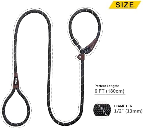 Fida Durable Slip Lead Dog Leash, 6 FT x 1/2" Heavy Duty Dog Loop Leashes, Comfortable Strong Rope Slip Leash for Large Medium Dogs, No Pull Pet Training Lead with Highly Reflective(1/2", Black)