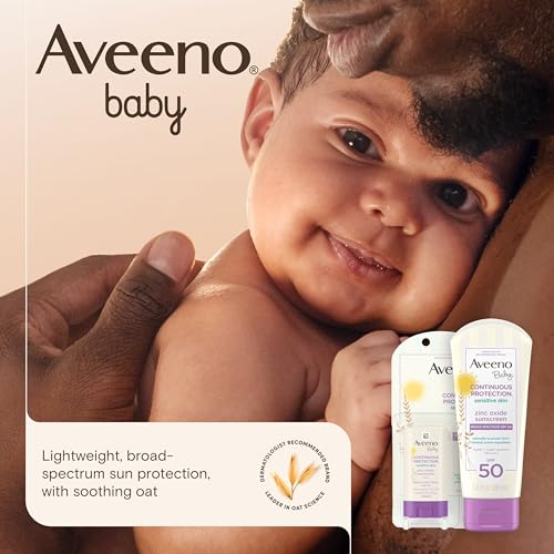Aveeno Baby Continuous Protection Zinc Oxide Mineral Sunscreen Lotion for Sensitive Skin, Broad Spectrum SPF 50, Tear-Free, Sweat- & Water-Resistant, Paraben-Free, Travel-Size, 3 fl. oz