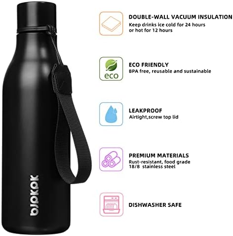 BJPKPK Insulated Water Bottles, 18 oz Stainless Steel Metal Water Bottle with Strap, BPA Free Leak Proof Thermos, Mugs, Flasks, Reusable Water Bottle for Sports & Travel, Black