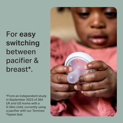 Tommee Tippee Breast-Like Pacifier, 0-6 Months, Symmetrical Design, Natural Breast-Like Baglet, BPA-Free Binkies, Pastel/Blue/Black, Pack of 4
