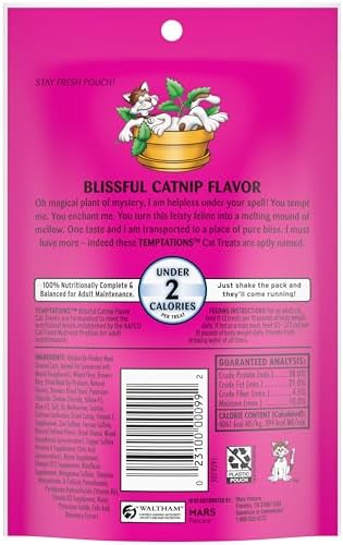 Temptations Classic Crunchy and Soft Cat Treats Blissful Catnip Flavor, 3 oz. Pouch (Pack of 12)