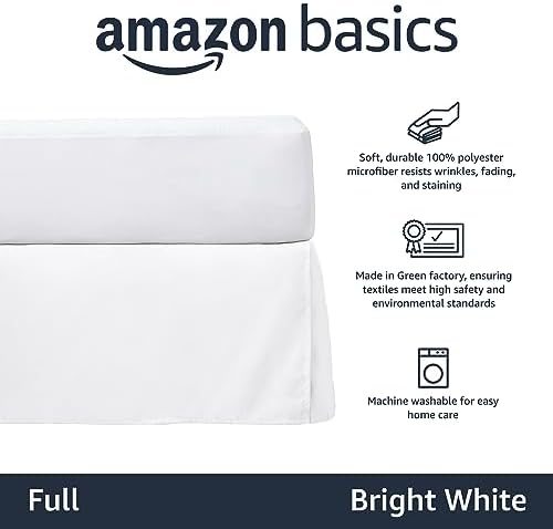 Amazon Basics Lightweight Pleated Bed Skirt, Full, Bright White, Solid