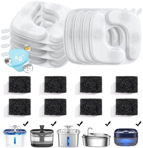 Veken Cat Water Fountain Filters, 8 Pack Replacement Filters & 8 Pack Replacement Pre-Filter Sponges Set for 50oz, 84oz, 95oz Automatic Pet Fountain Dog Water Dispenser