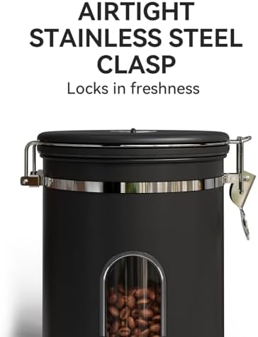 Veken Coffee Canister with Window,Airtight Stainless Steel Container,Home Kitchen Food Storage Organizers for Grounds,Beans,Espresso,Rice,Tea,Sugar,Flour, Cereal,Scoop,Bar Accessories,Gifts,22OZ,Black