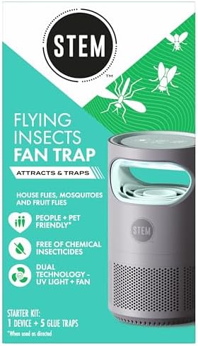 STEM Flying Insect Fan Trap for Indoor Bug Control, Attracts Mosquitoes, Fruit Flies, and House Flies, Plug-in Fan with UV Light, Starter Kit Includes 1 Device and 5 Glue Traps