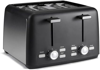 Amazon Basics 4 Slice Toaster, With 7 Browning Settings, Extra Wide Slots For Bagels and Special Breads, Removable Easy-to-Clean Crumb Trays, Cancel/Defrost/Bagel Buttons, 1500W, Black & Silver