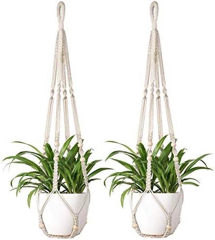 Mkono Macrame Plant Hanger Indoor Hanging Planter Basket with Wood Beads Decorative Flower Pot Holder No Tassels for Indoor Outdoor Boho Home Decor 35 Inch, Ivory, Set of 2 (POTS NOT Included)