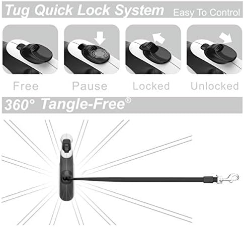 TUG 360° Tangle-Free Retractable Dog Leash | 16 ft Strong Nylon Tape | One-Handed Brake, Pause, Lock (Medium, White)