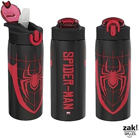 Zak Designs Marvel Spider-Man Water Bottle for Travel and At Home, 19 oz Vacuum Insulated Stainless Steel with Locking Spout Cover, Built-In Carrying Loop, Leak-Proof Design (Miles Morales)