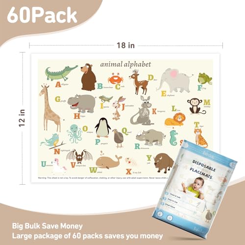 Babebay Disposable Stick-on Placemats 60 Pack for Baby & Kids & Toddler, Sticky Placemats Restaurant Table Mats 12" x 18" (Animal Alphabet)