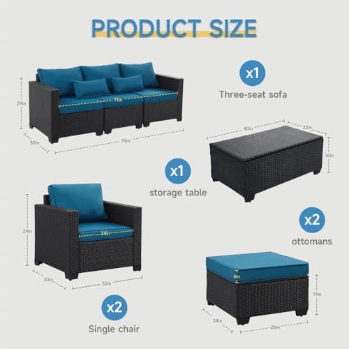 6 Pieces Outdoor Patio Furniture Sets with Furniture Cover, PE Rattan Wicker Patio Conversation Set with Tea Table (Peacock Blue, Rattan Storage Table)
