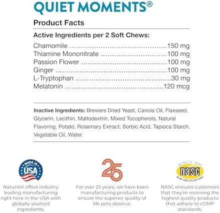 NaturVet Quiet Moments Calming Aid Dog Supplement – Helps Promote Relaxation, Reduce Stress, Storm Anxiety, Fireworks, Motion Sickness for Dogs – Tasty Pet Soft Chews with Melatonin – 70 Ct.