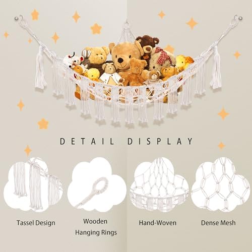 Stuffed Animal Hammock with LED Light, Jumbo Toy Hammock for Stuffed Animals Storage for Kids Room Decor, Stuffed Animal Hammock Corner, White