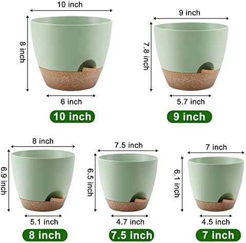 Plant Pots 10/9/8/7.5/7 Inch Self Watering Pots, Set of 5 Plastic Planters with Drainage Holes and Saucers,Plastic Flower Pots,Nursery Planting Pot for Indoor Out Door Plants(Green)