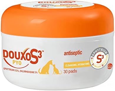 Douxo S3 Pyo Pads, Contains 3% Chlorhexidine & 0.5% Ophytrium, Antiseptic & Hydrating, For Bacterial or Yeast Skin Infections, For Dogs and Cats, 30 Pads