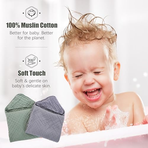 2 Pack Hooded Baby Towels - 100% Muslin Cotton for Newborns, Infants, Toddlers - Large 32x32Inch Size - Highly Absorbent and Essential for Newborn Care, Green and Grey