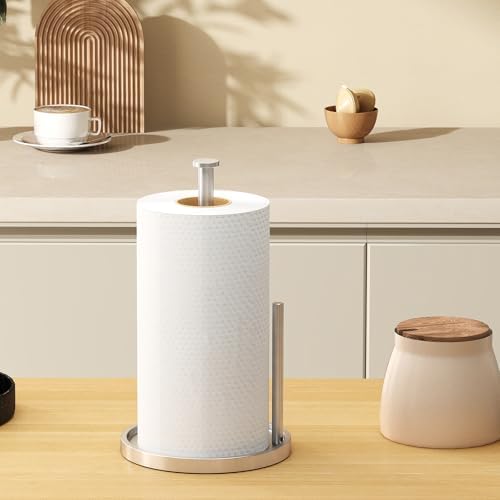 Paper Towel Holder Countertop, Standing Paper Roll Holder with Anti Slip Weighted Base, Stainless Steel Freestanding Paper Towel Holder for Kitchen, Silver