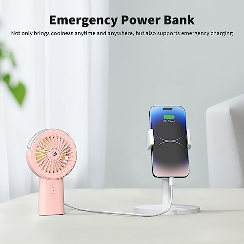 Otlonpe Handheld Misting Fan Portable, 4000mAh Rechargeable Small Personal Water Spray Hand Held Mist Fan Battery Operated, 90° Rotatable, Power Bank for Travel Home Office Men Women Kids (Pink)
