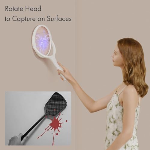 GeckoMan Rotating Head Electric Fly Swatter Racket Rechargeable Bug Zapper Racket Bug Zapper Indoor Fly Zapper Mosquito Zapper Flies Killer for Indoors, with a Telescopic Extension