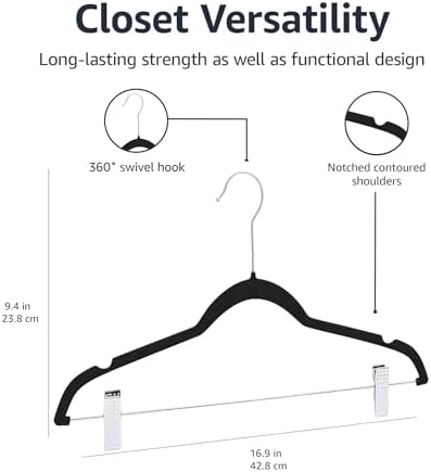 Amazon Basics Velvet, Non-Slip Skirt Clothes Hangers with Clips, Organize Pants and Skirts, Black/Silver, Pack of 24